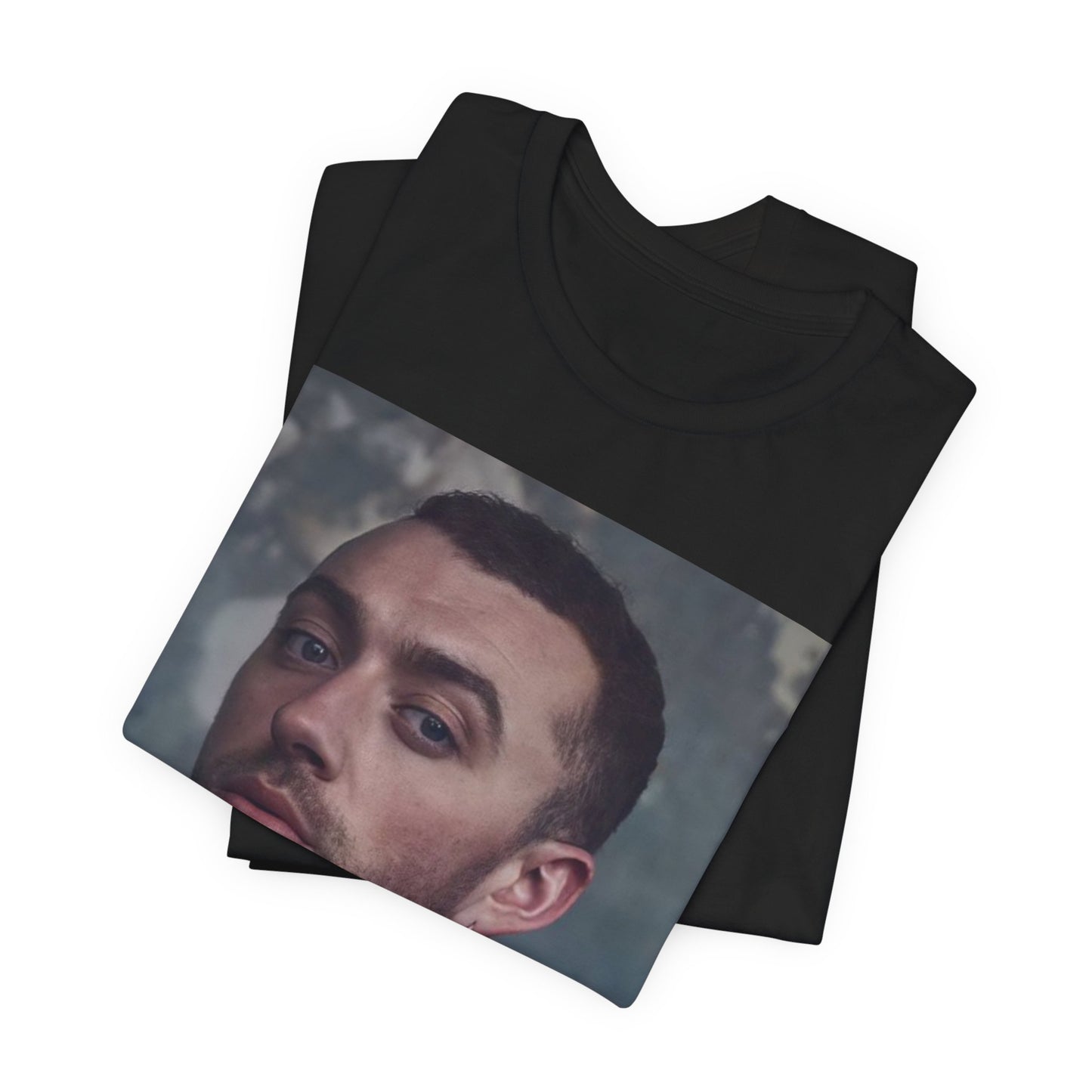 A black graphic t-shirt featuring a retro graphic related to Sam Smith's 'Stay With Me' song or era.