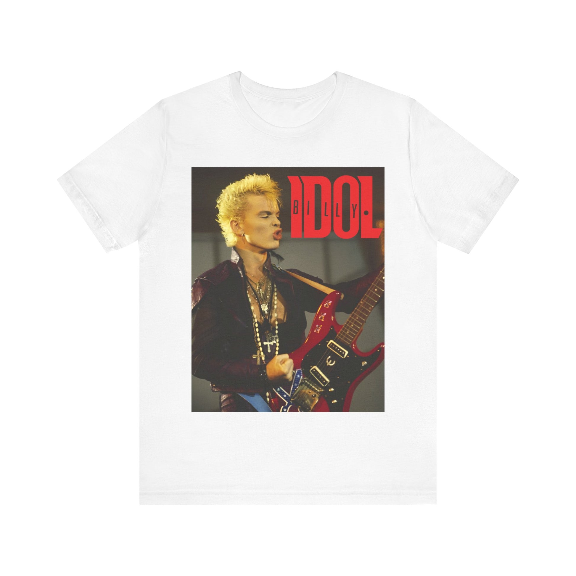 A black graphic t-shirt featuring a retro 80s tour graphic for Billy Idol, possibly with concert imagery or band members in action.