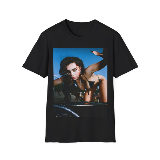 A black graphic t-shirt featuring a graphic related to Charli XCX's 'Crash' album era.