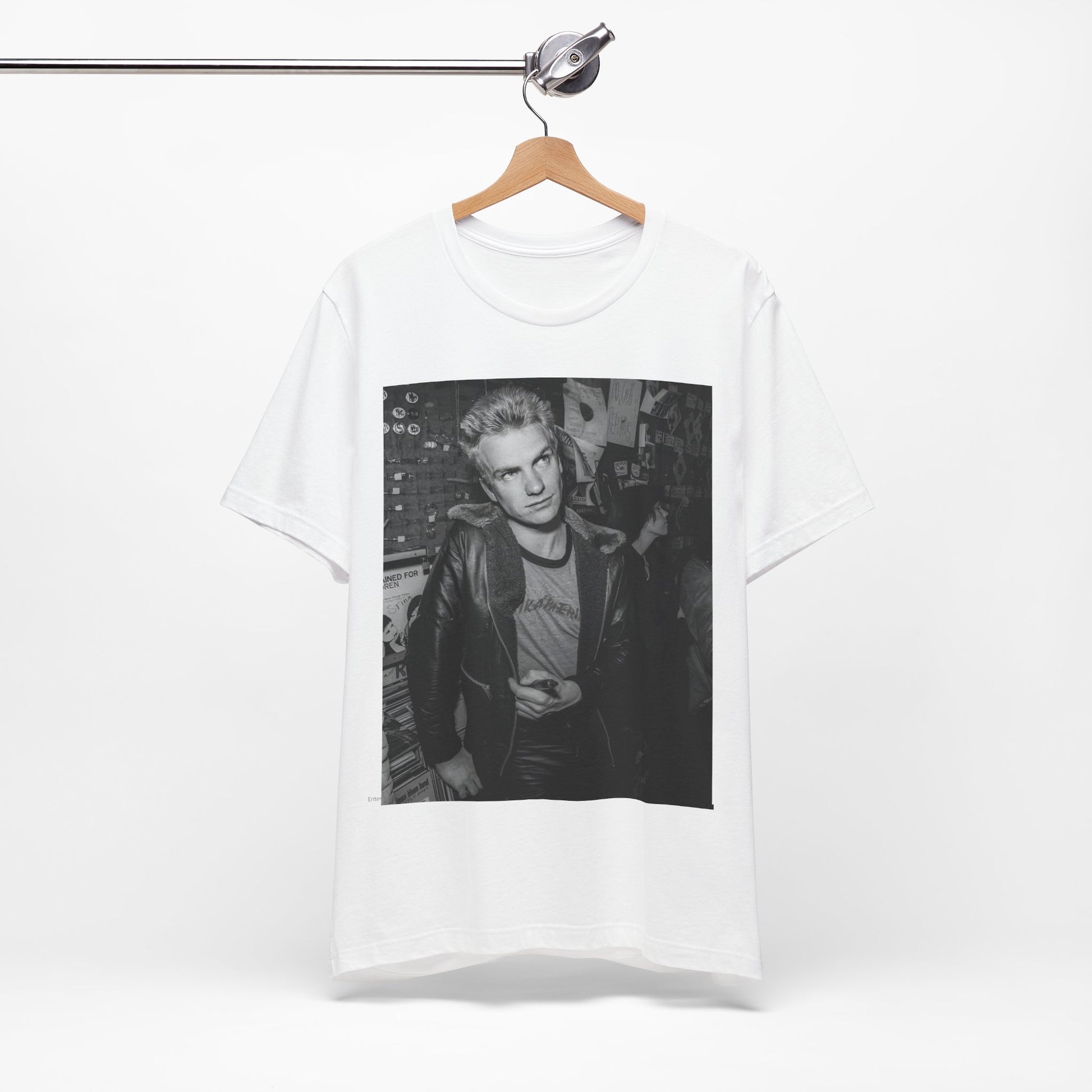 A black graphic t-shirt featuring a vintage black and white monochrome graphic or photo of Sting.