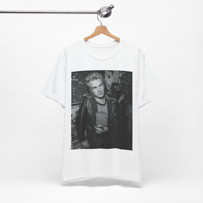 A black graphic t-shirt featuring a vintage black and white monochrome graphic or photo of Sting.