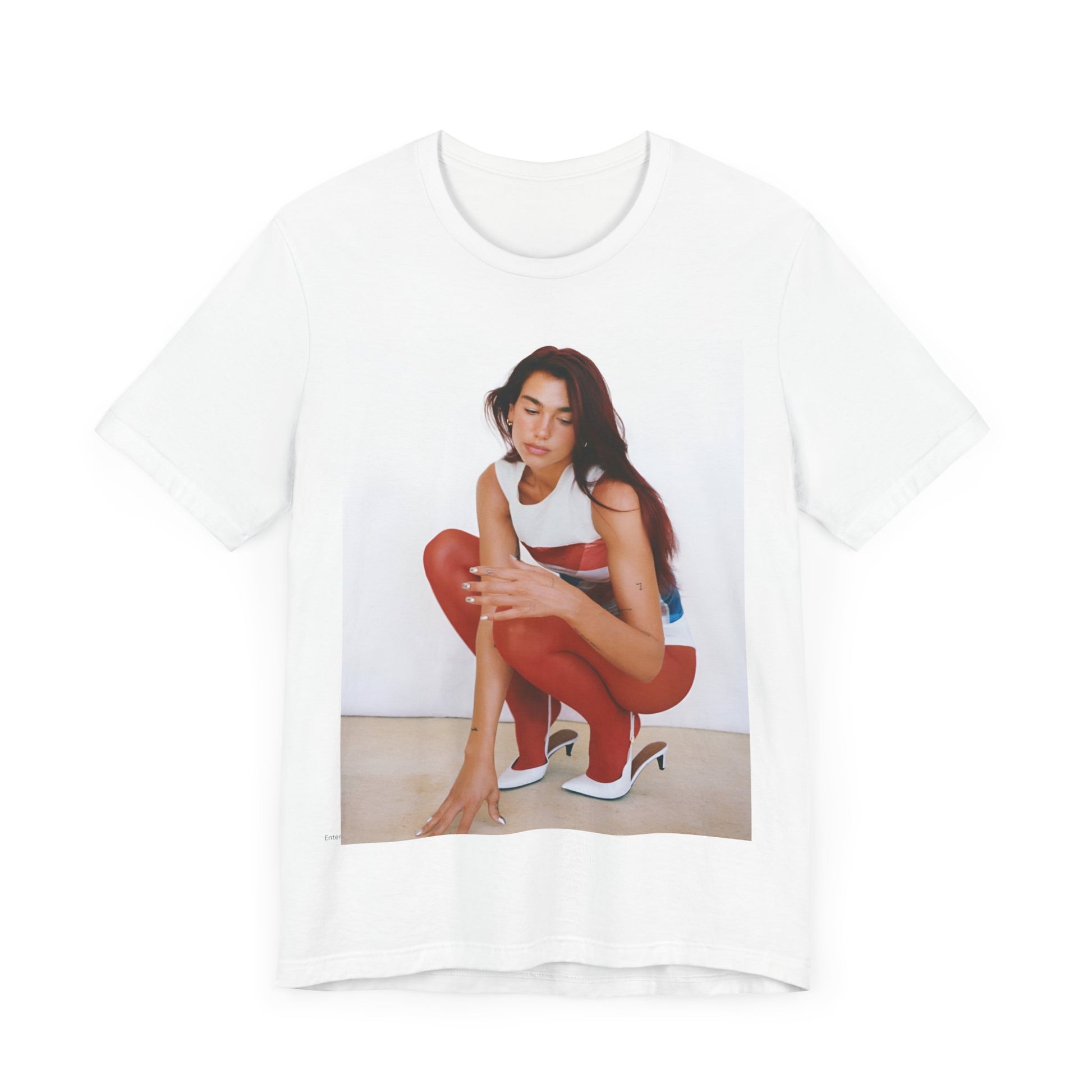 A black graphic t-shirt featuring a graphic of Dua Lipa with a chill pop vibe, designed for comfort.