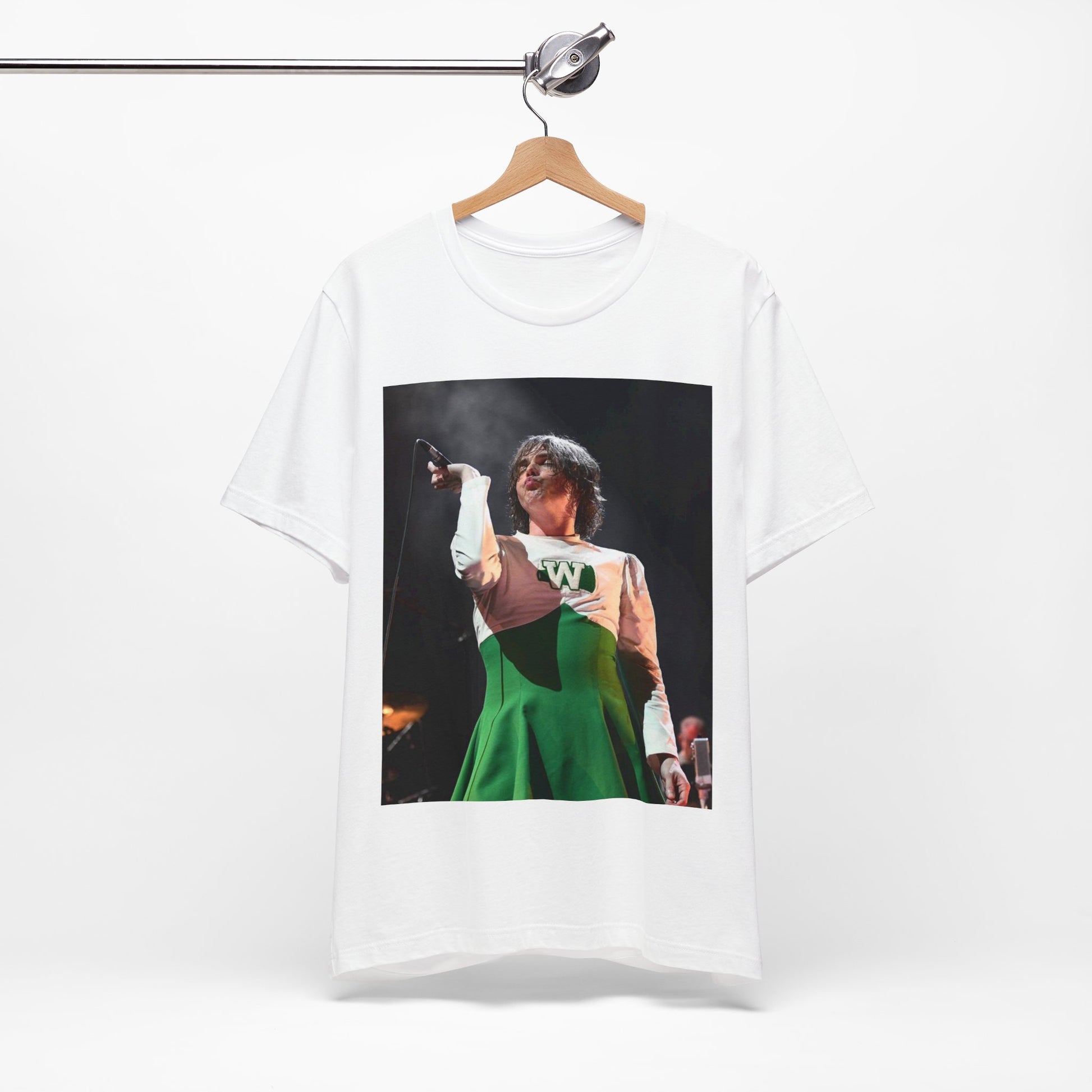A black graphic t-shirt featuring a photo of My Chemical Romance, possibly with a cheerleader theme.