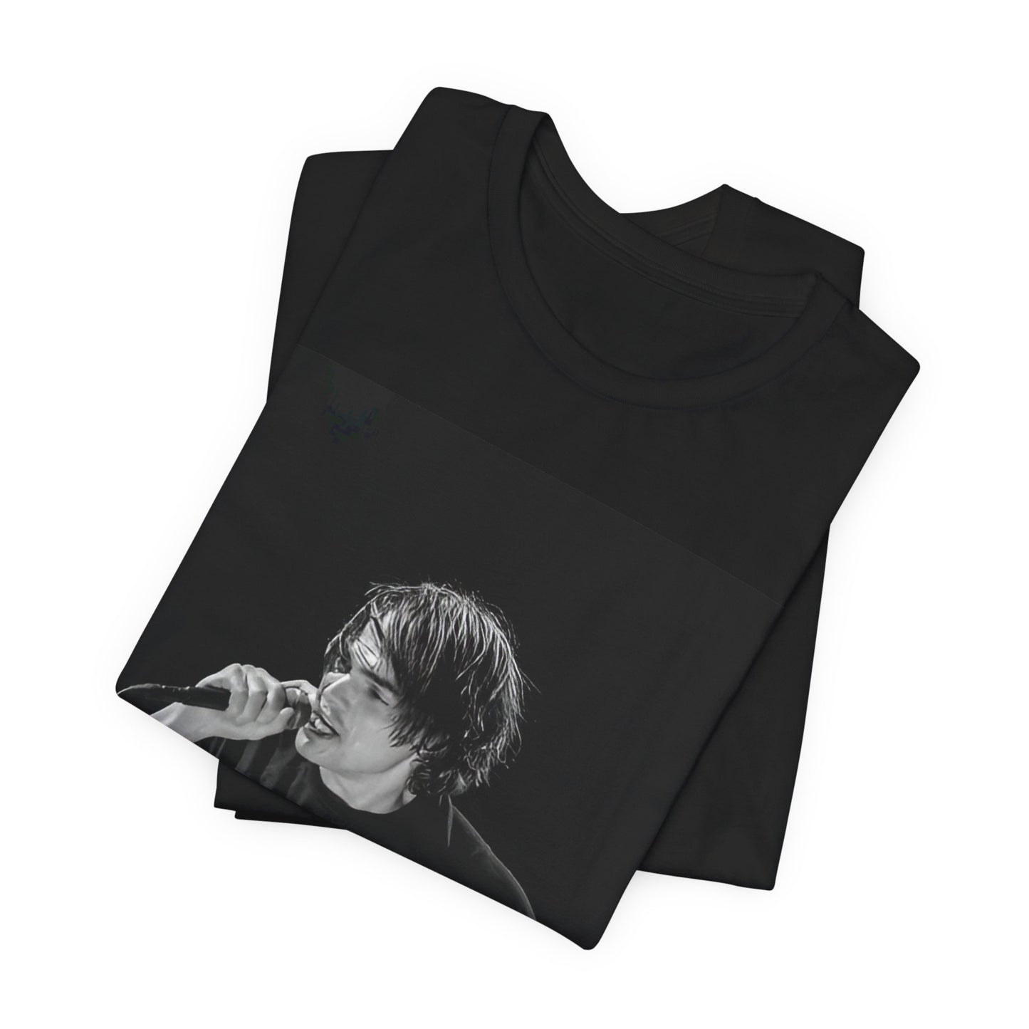 A black graphic t-shirt featuring a black and white portrait photo of Gerard Way from My Chemical Romance.