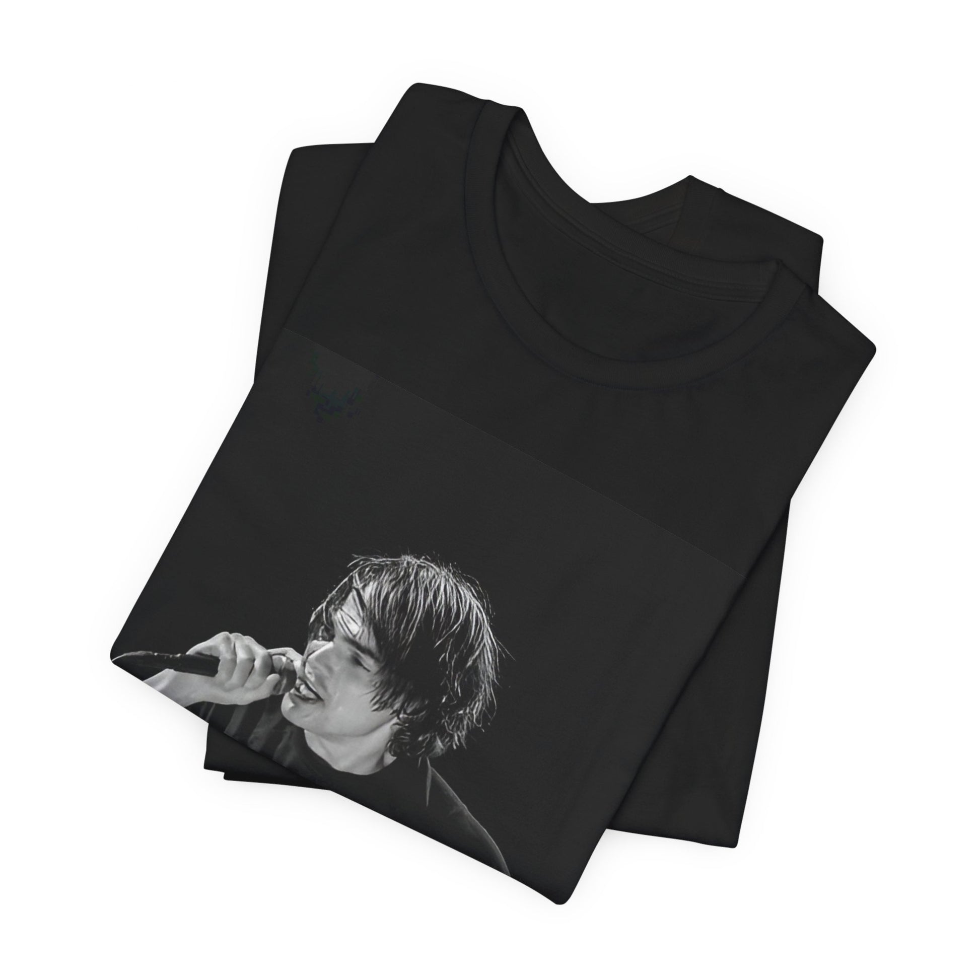A black graphic t-shirt featuring a black and white portrait photo of Gerard Way from My Chemical Romance.