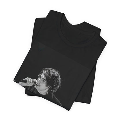 A black graphic t-shirt featuring a black and white portrait photo of Gerard Way from My Chemical Romance.