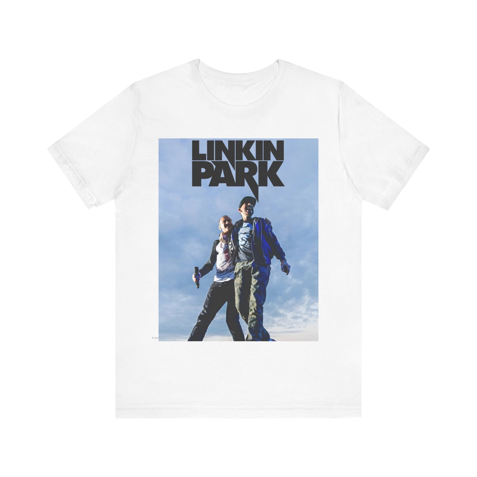 A black graphic t-shirt featuring a retro graphic related to Linkin Park's 'Hybrid Theory' album era.