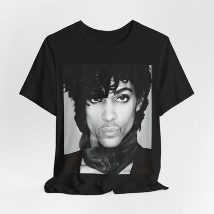 A black graphic t-shirt featuring a black and white photo portrait of Prince.