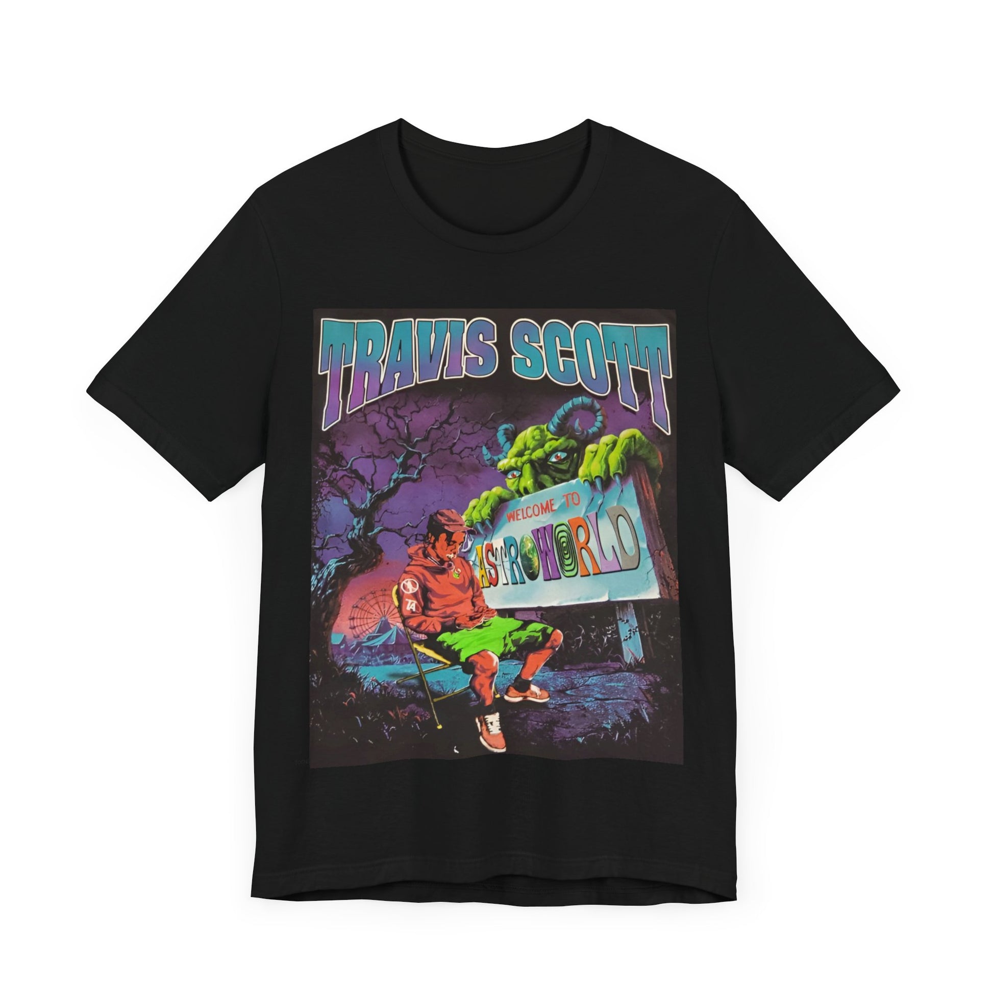 A black graphic t-shirt featuring a vintage graphic related to Travis Scott's Astroworld album.
