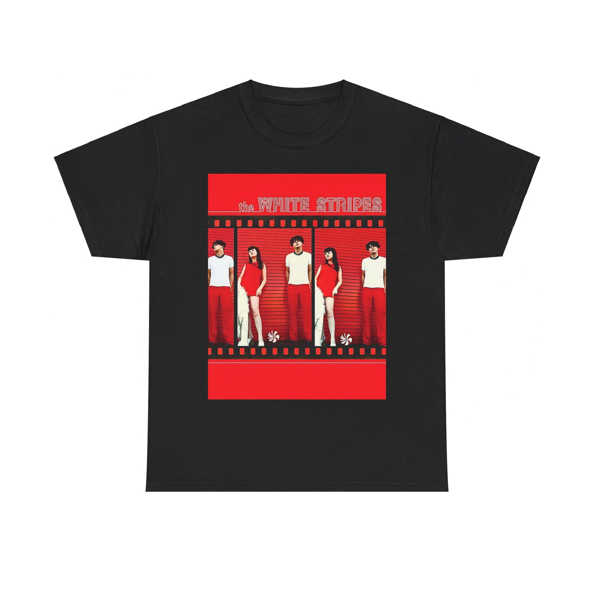 A black graphic t-shirt featuring an authentic blues rock duo graphic of The White Stripes.