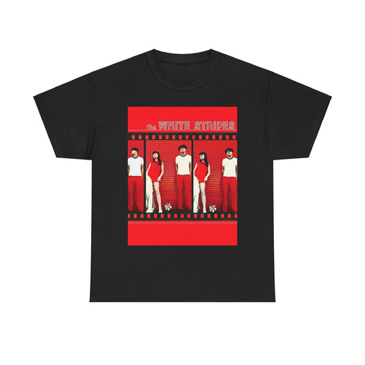 A black graphic t-shirt featuring an authentic blues rock duo graphic of The White Stripes.