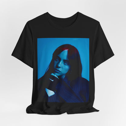 A soft, slightly blurred photo of Billie Eilish, evoking the dreamy and nostalgic feel of her song 'Ocean Eyes,' printed on a t-shirt.