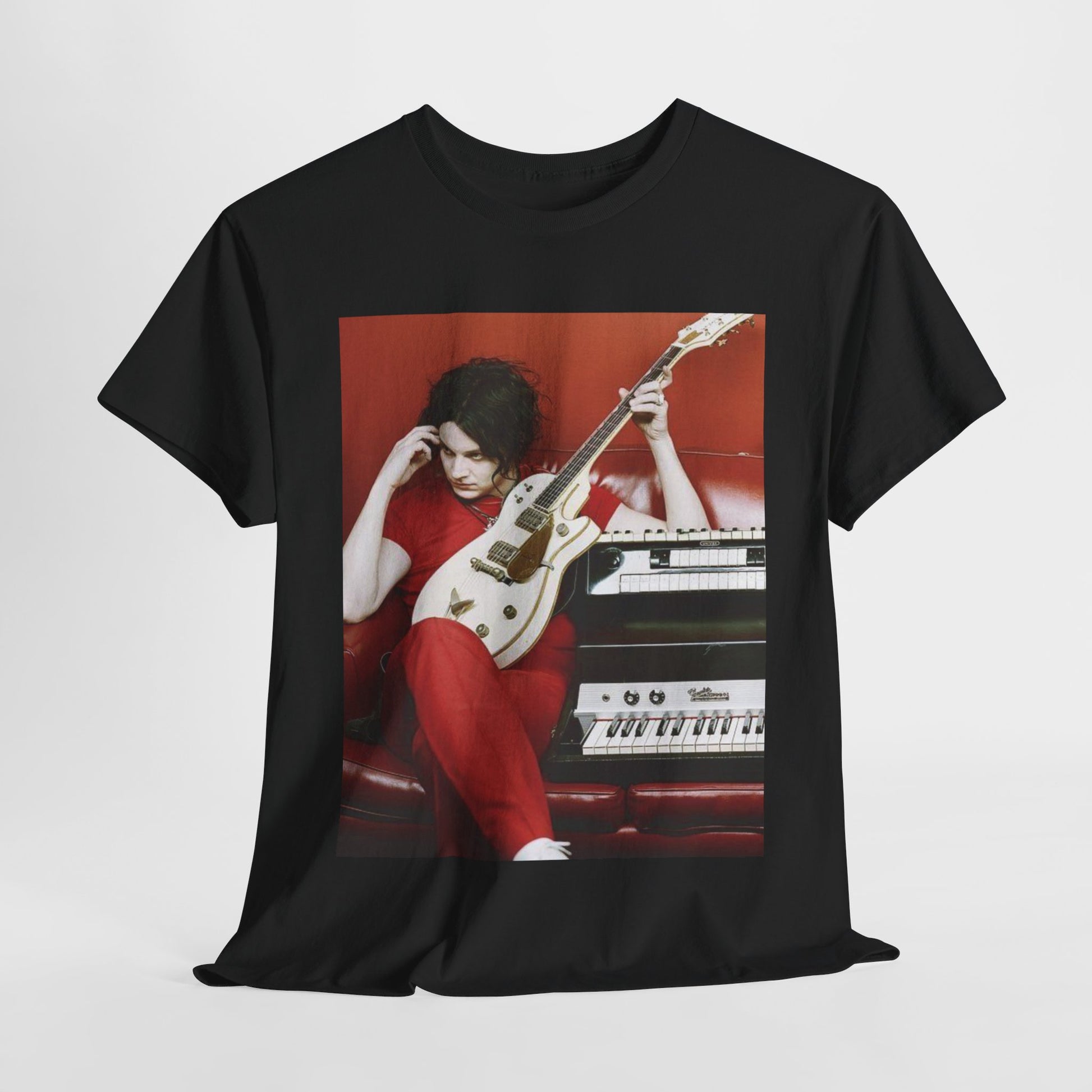A black graphic t-shirt featuring a retro graphic of The White Stripes with a garage rock aesthetic.