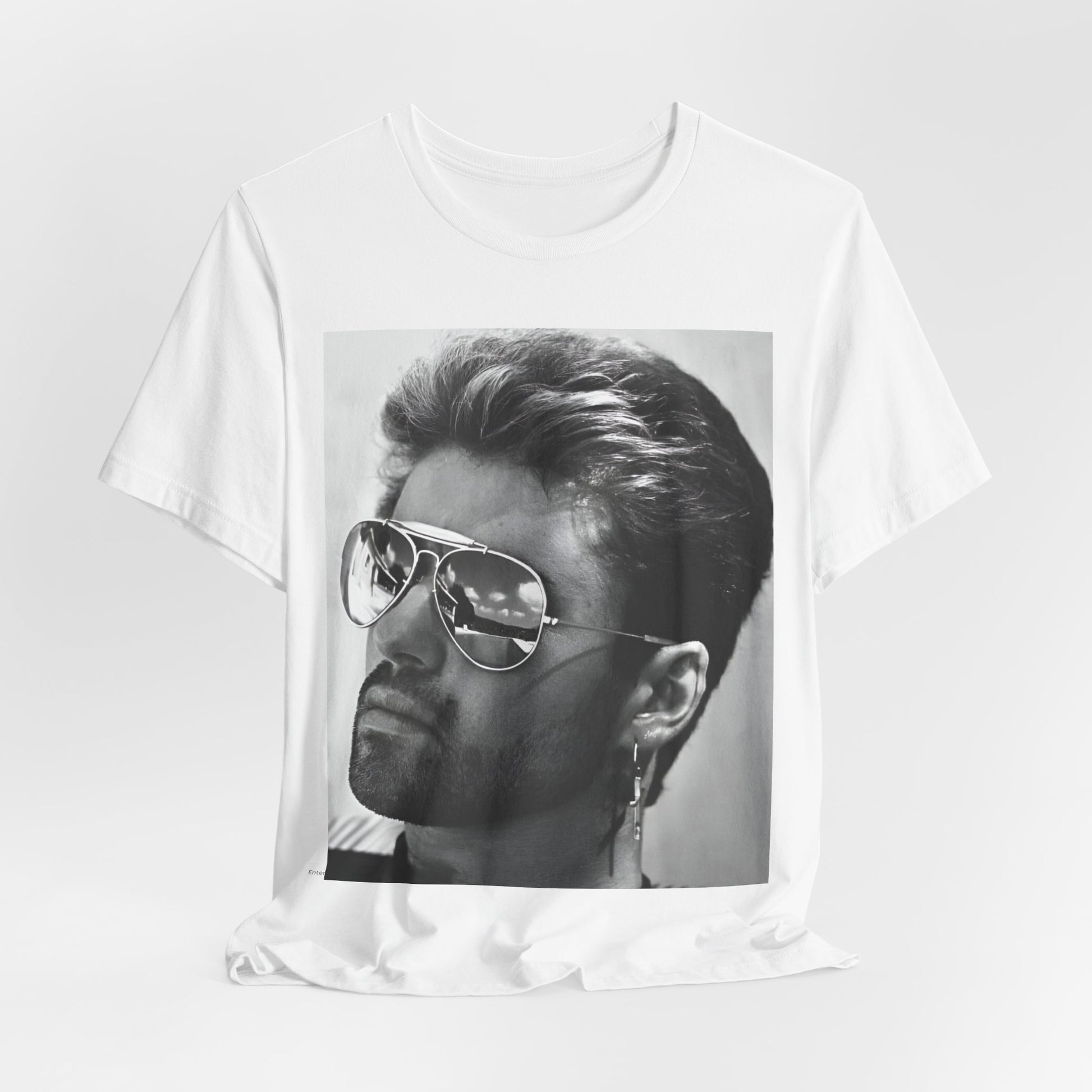 A black graphic t-shirt featuring a photo of George Michael wearing iconic sunglasses.