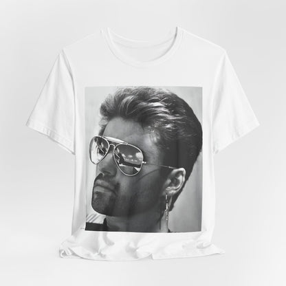 A black graphic t-shirt featuring a photo of George Michael wearing iconic sunglasses.