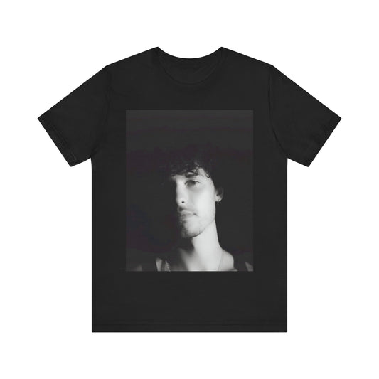 A black graphic t-shirt featuring a black and white portrait photo of Shawn Mendes.