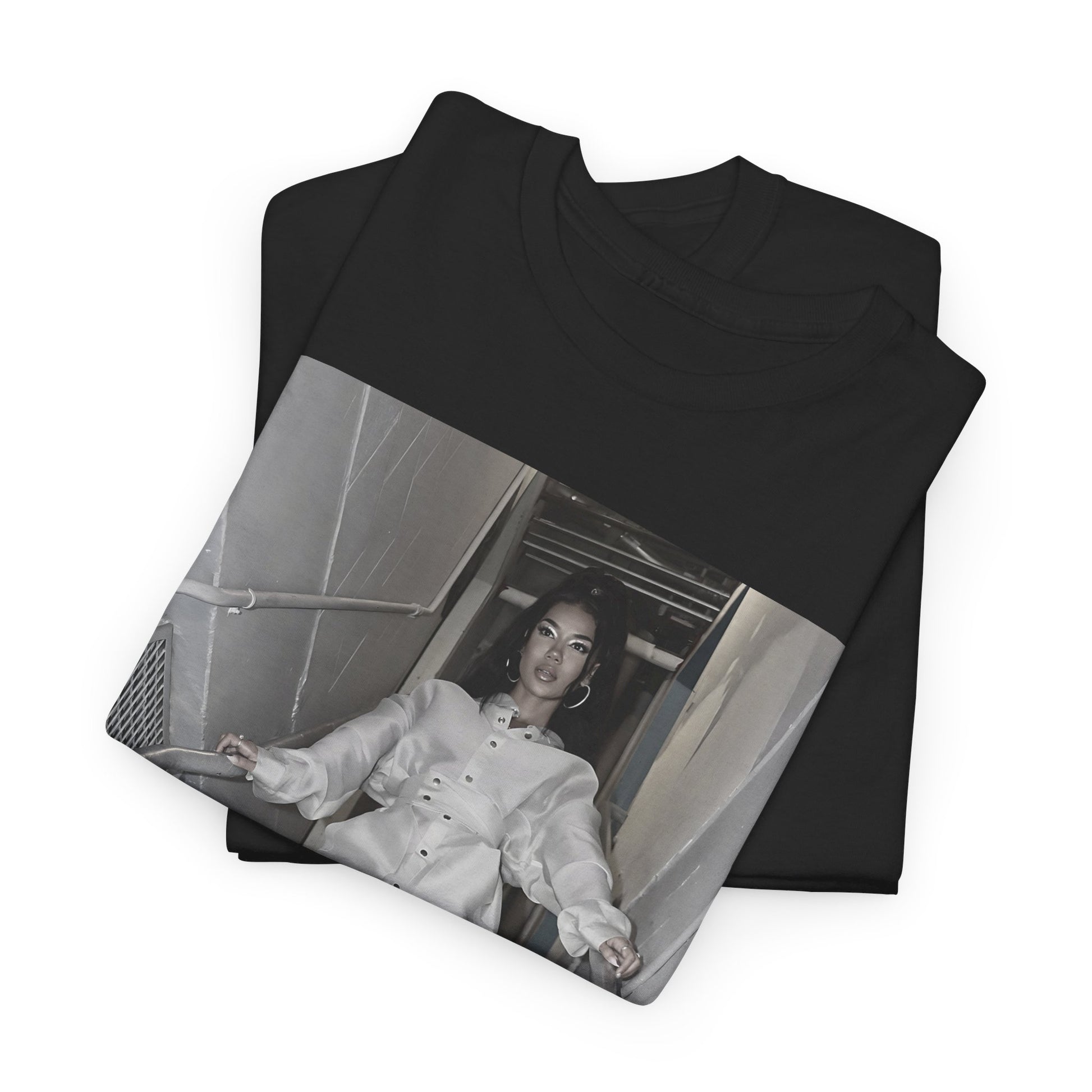 A black graphic t-shirt featuring a graphic or photo of Jhene Aiko in a backstage setting.
