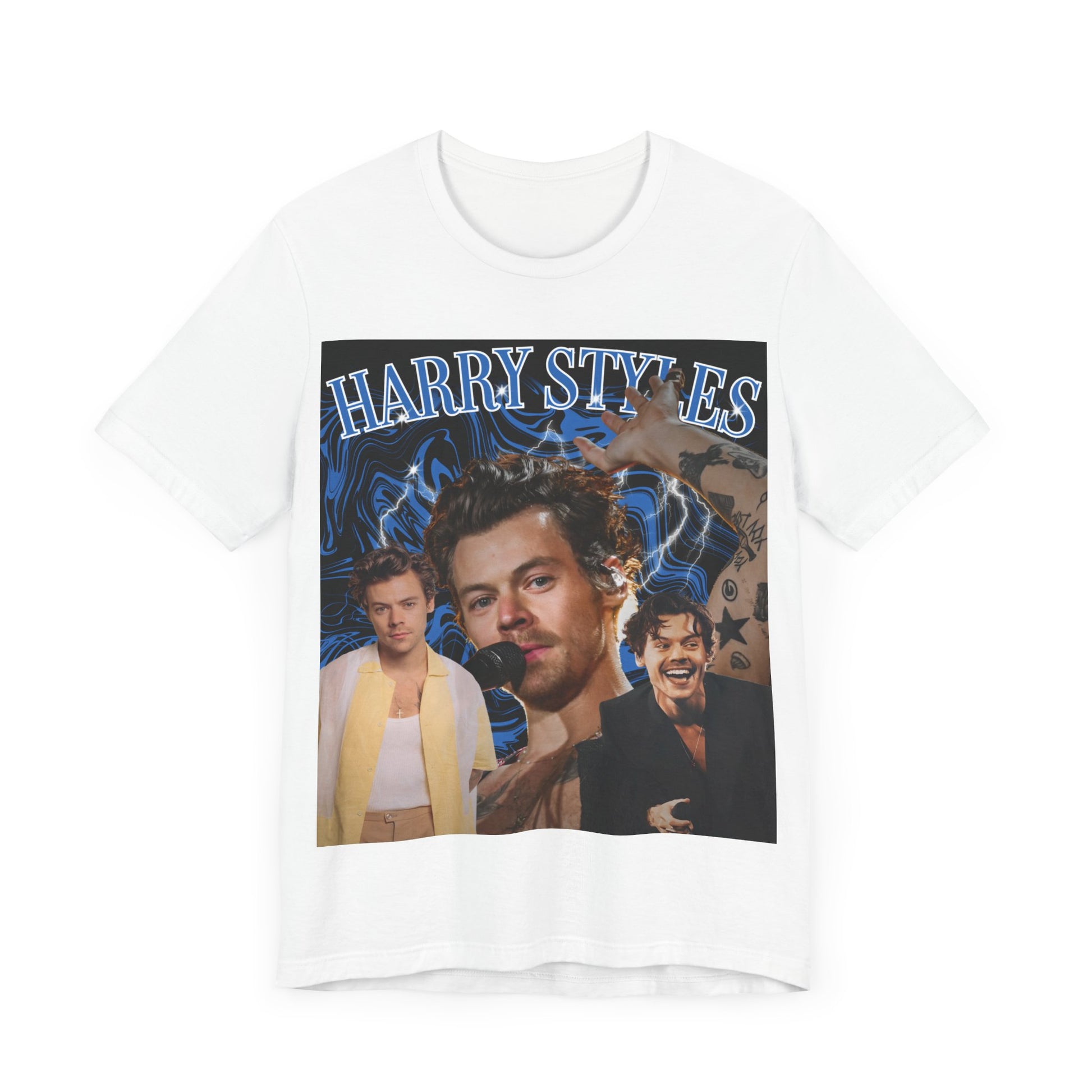A black graphic t-shirt featuring an aesthetic bootleg graphic of Harry Styles.