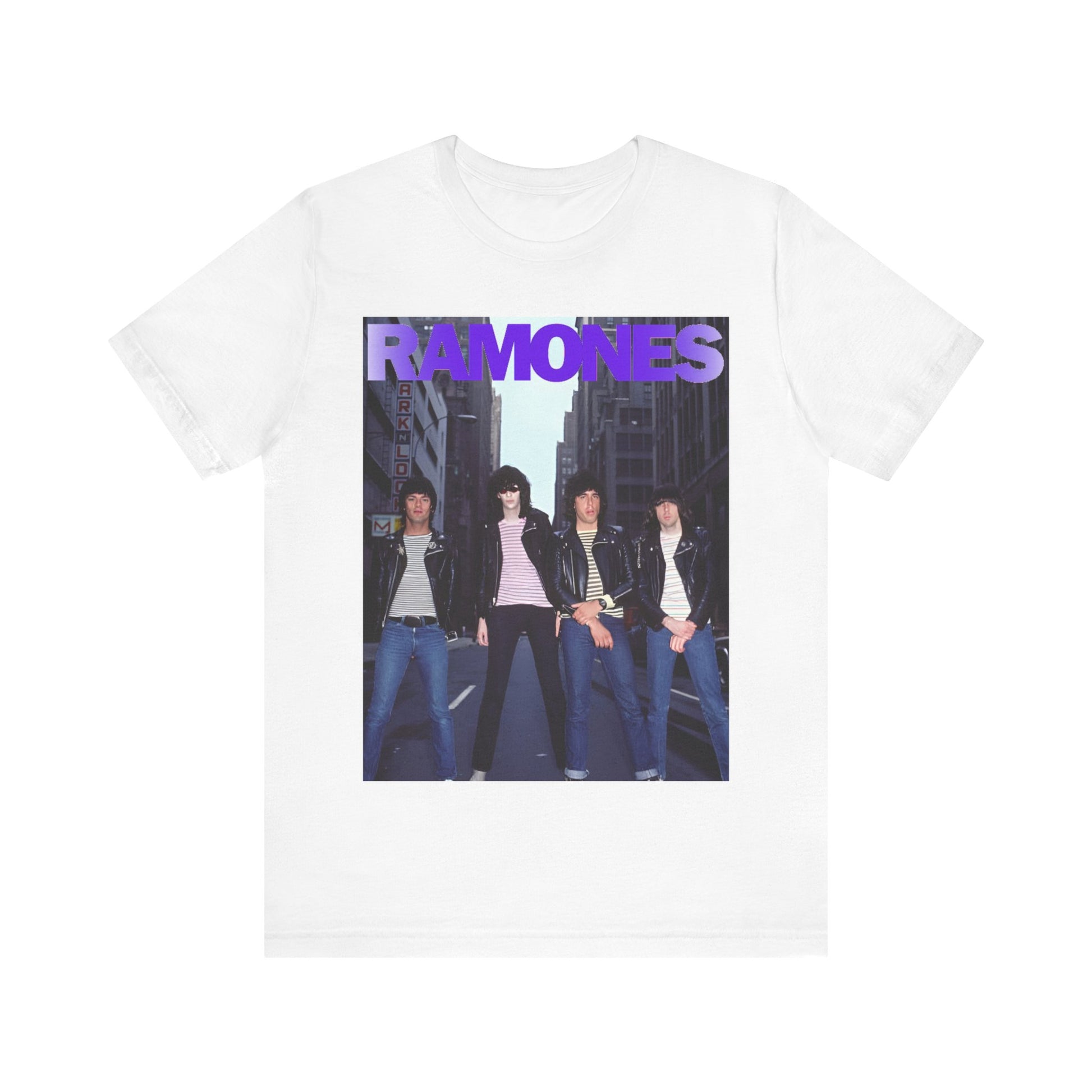 A black graphic t-shirt featuring a graphic of the Ramones emphasizing a rebellious punk spirit.