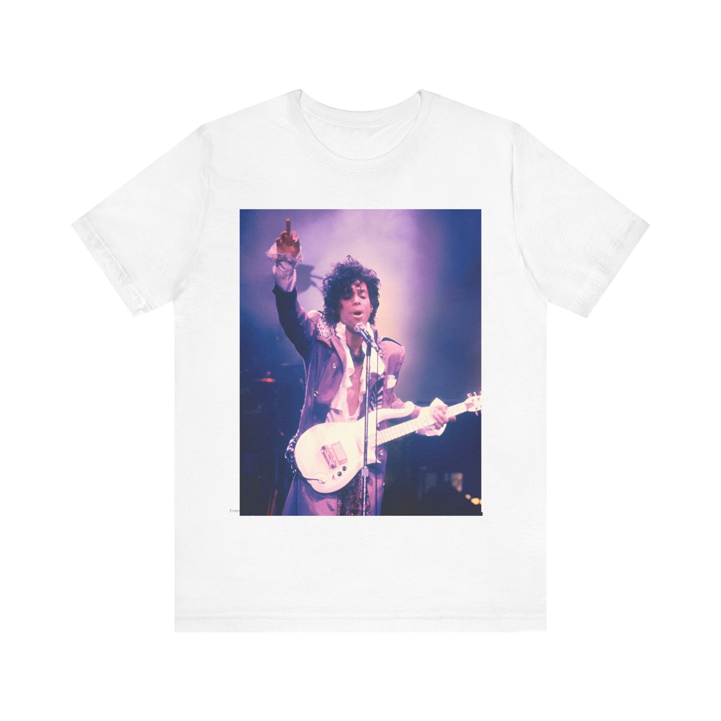 A black graphic t-shirt featuring a boxy graphic with a 'Purple Rain' vibe related to Prince.