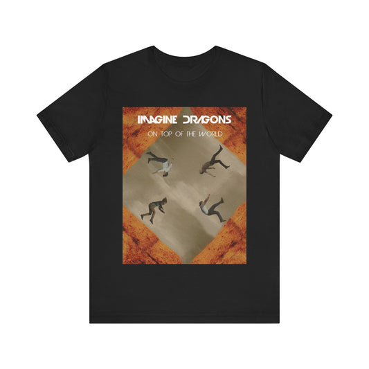 A black graphic t-shirt featuring a graphic related to Imagine Dragons' 'On Top of The World' song.
