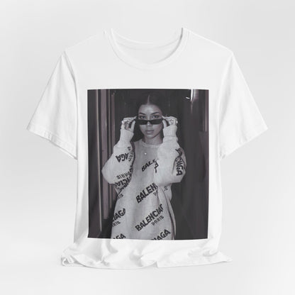 A black graphic t-shirt featuring a black and white, monochrome graphic or photo of Jhene Aiko.