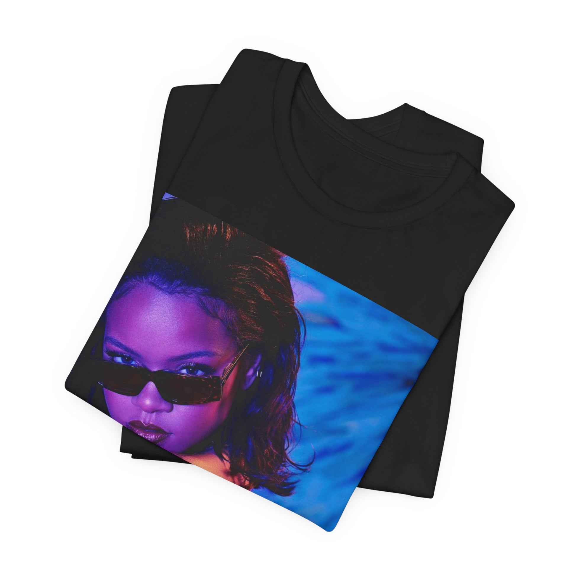 A black graphic t-shirt featuring a retro graphic related to Rihanna's 'Umbrella' song or era.