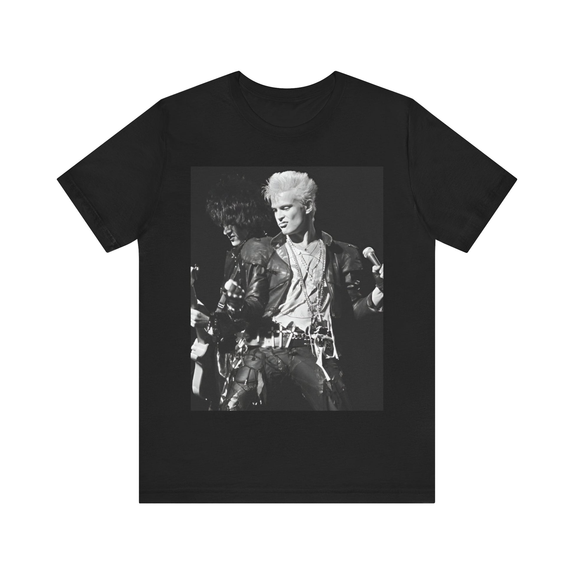 A black graphic t-shirt featuring a live concert graphic of Billy Idol, designed for a comfortable fit.