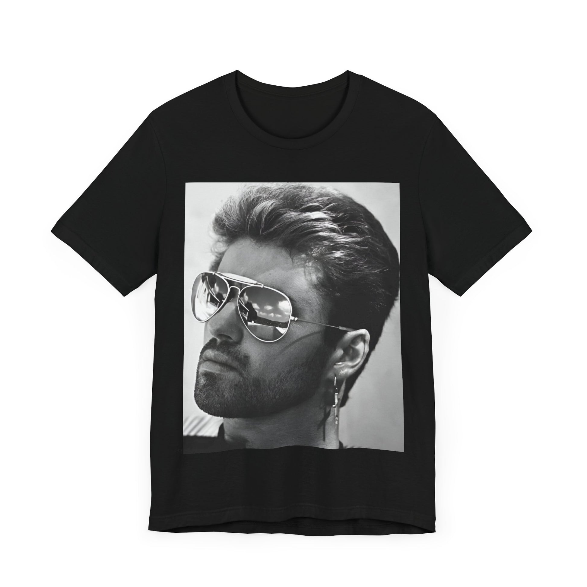 A black graphic t-shirt featuring a photo of George Michael wearing iconic sunglasses.