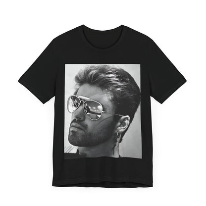 A black graphic t-shirt featuring a photo of George Michael wearing iconic sunglasses.