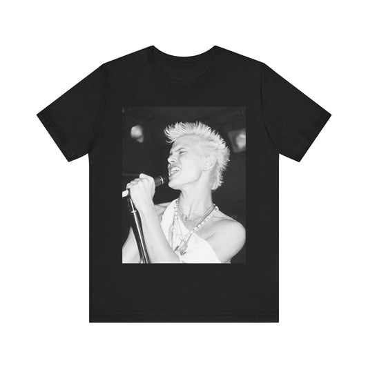 A black graphic t-shirt featuring a black and white photo of Billy Idol performing live on stage.