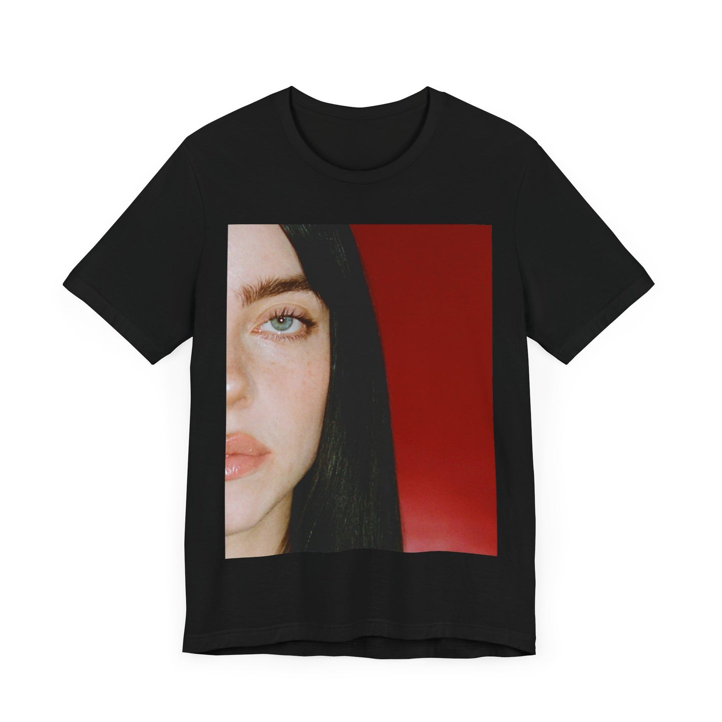 A classic, direct, black and white portrait of Billie Eilish, embodying a timeless aesthetic, printed on a graphic t-shirt.