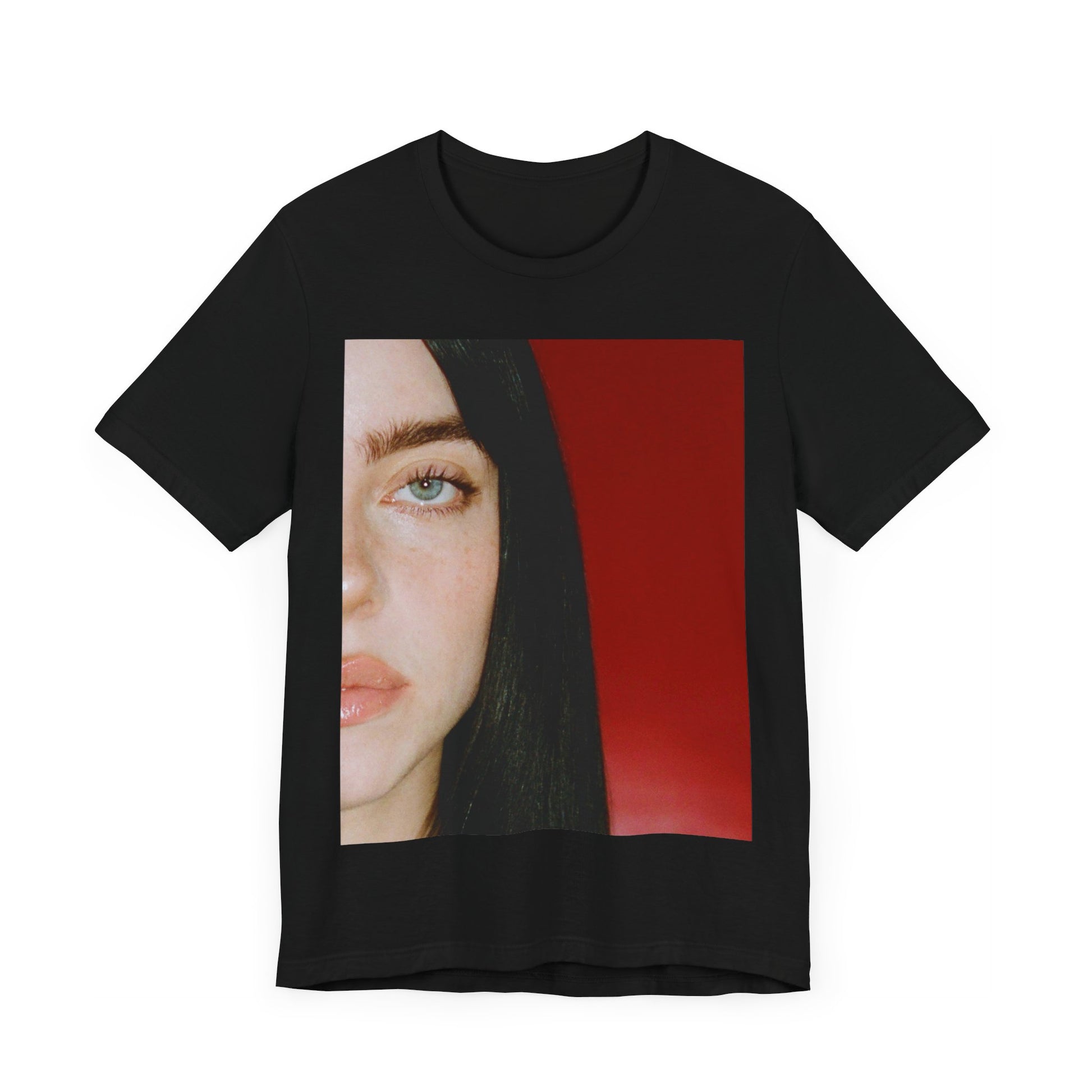 A classic, direct, black and white portrait of Billie Eilish, embodying a timeless aesthetic, printed on a graphic t-shirt.