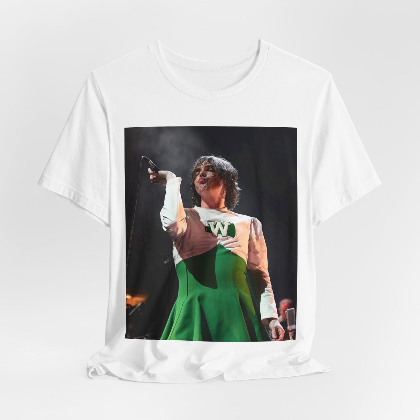 A black graphic t-shirt featuring a photo of My Chemical Romance, possibly with a cheerleader theme.