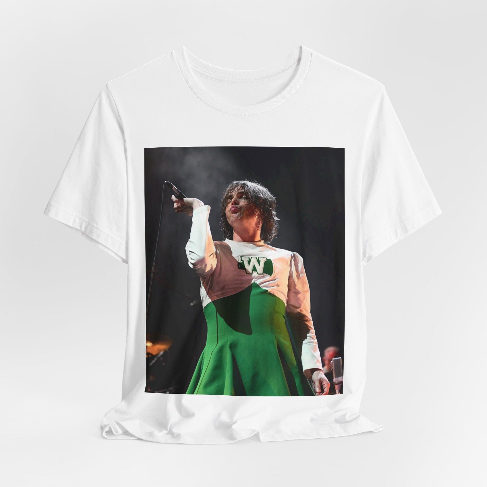 A black graphic t-shirt featuring a photo of My Chemical Romance, possibly with a cheerleader theme.