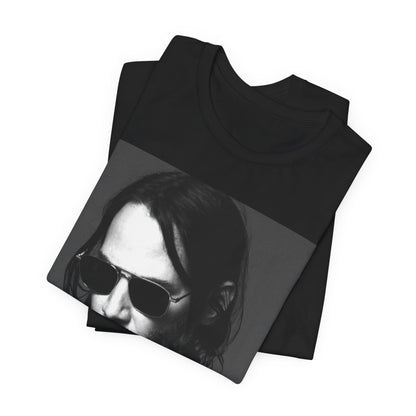 A black graphic t-shirt featuring a graphic of Keanu Reeves with a rebel spirit aesthetic.