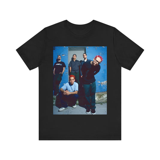 A black graphic t-shirt featuring a graphic of Linkin Park as nu-metal pioneers.