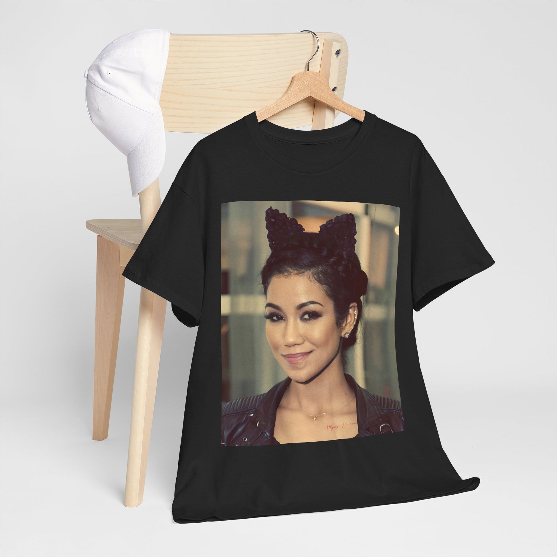 A black graphic t-shirt featuring a graphic of Jhene Aiko with a cool Los Angeles soul hip hop aesthetic.