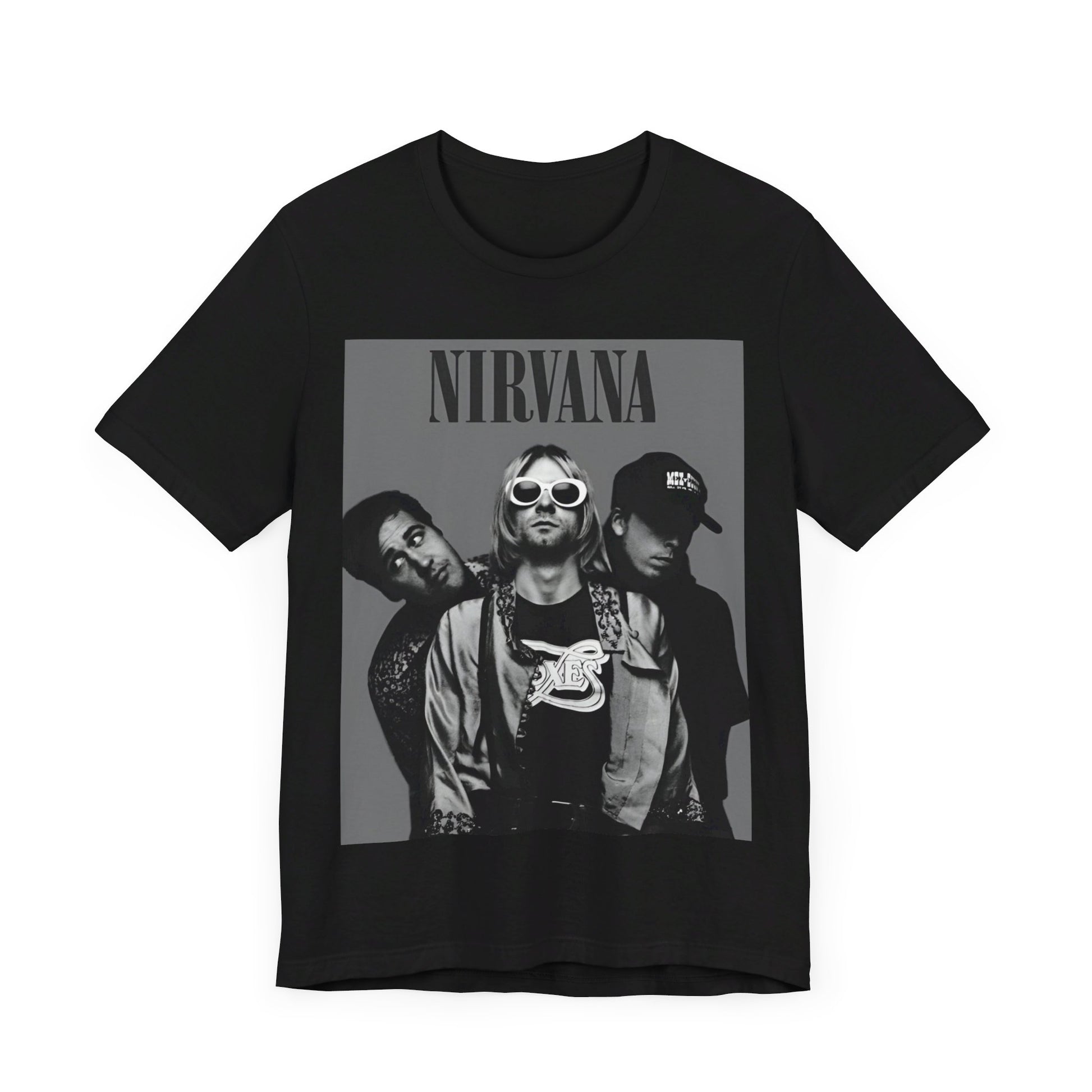 A black graphic t-shirt featuring a black and white, monochrome graphic or photo of Nirvana.