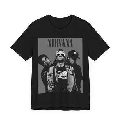 A black graphic t-shirt featuring a black and white, monochrome graphic or photo of Nirvana.