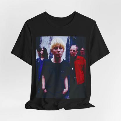 A black graphic t-shirt featuring a graphic of Radiohead as unapologetic art rock icons.