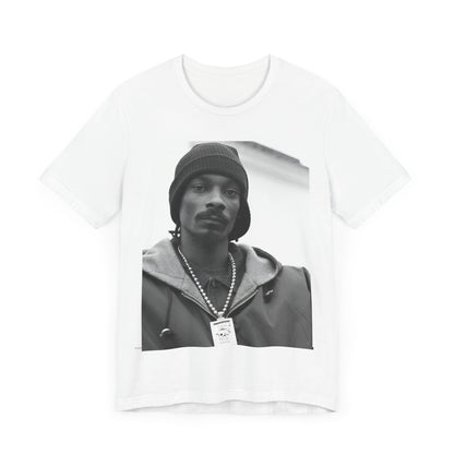 A black graphic t-shirt featuring a black and white, monochrome graphic of Snoop Dogg with an OG cool vibe.