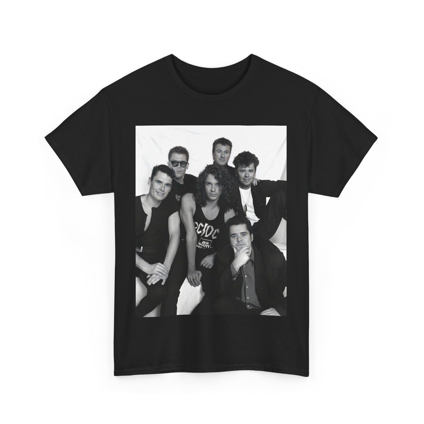 A black graphic t-shirt featuring an 80s rock aesthetic graphic of INXS.