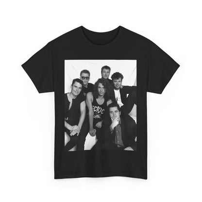 A black graphic t-shirt featuring an 80s rock aesthetic graphic of INXS.