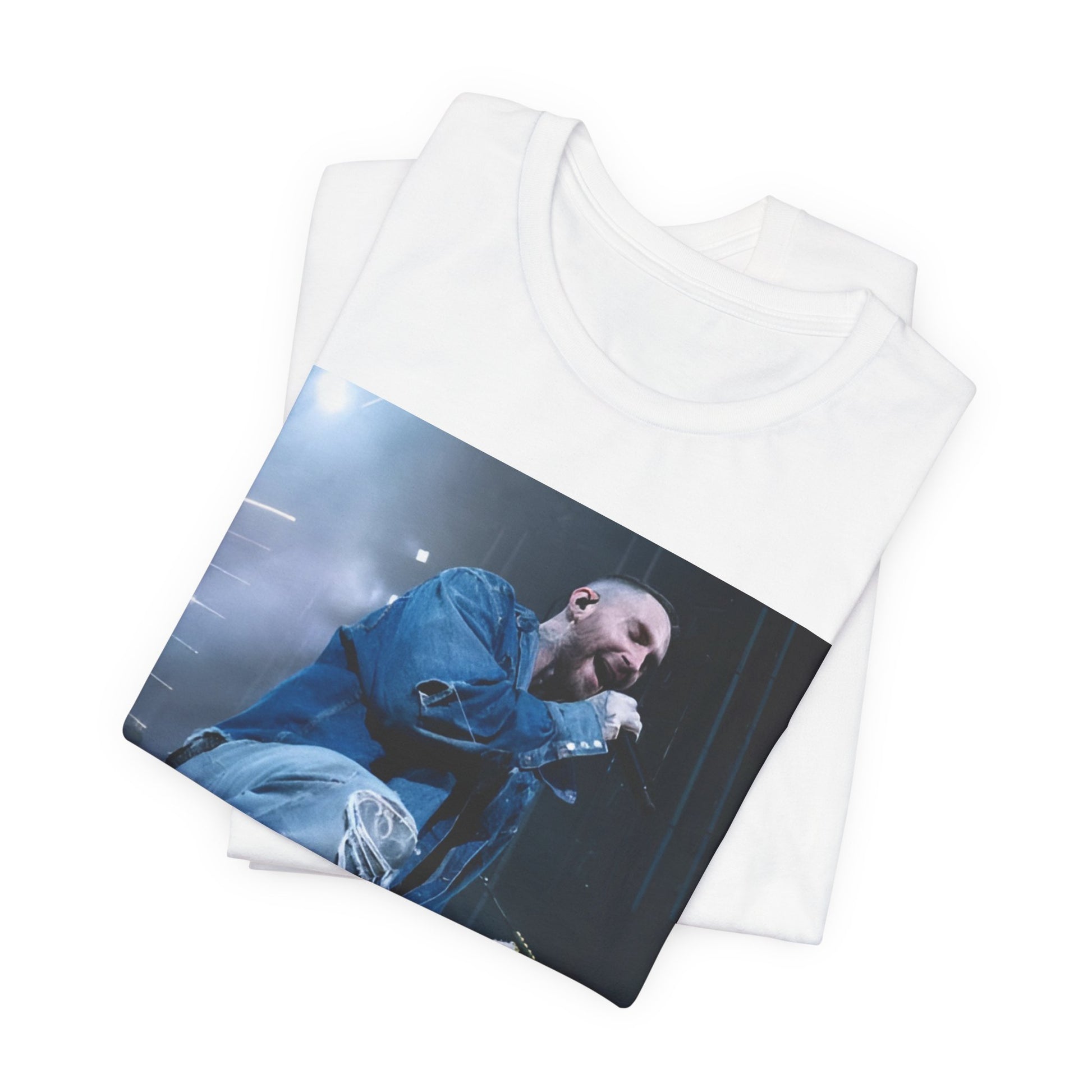 A modern, vibrant, and colorful group photo of the band Maroon 5, printed on a graphic t-shirt.
