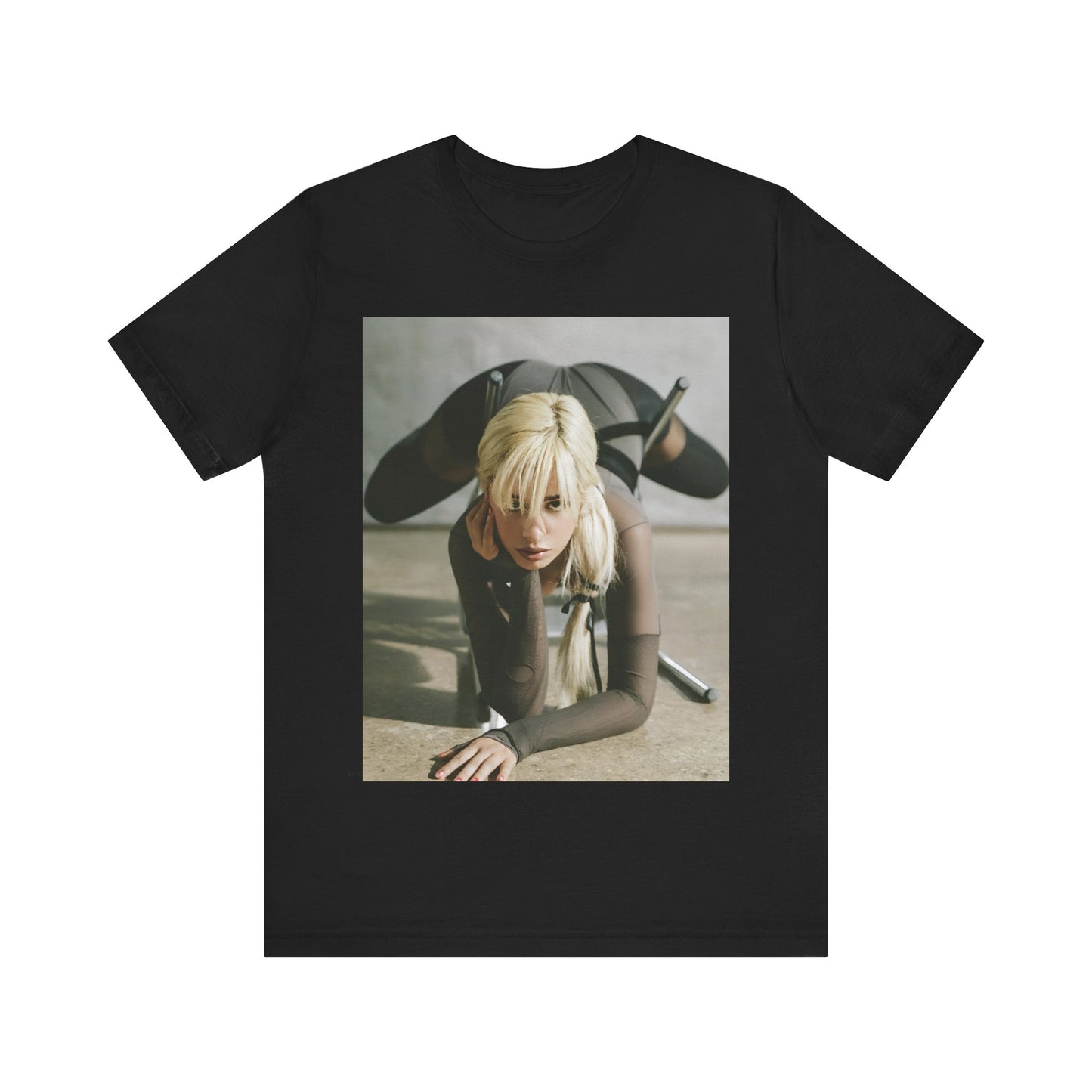 A black graphic t-shirt featuring a vintage-style graphic of Camila Cabello, possibly with a crown or 'Pop Queen' title.