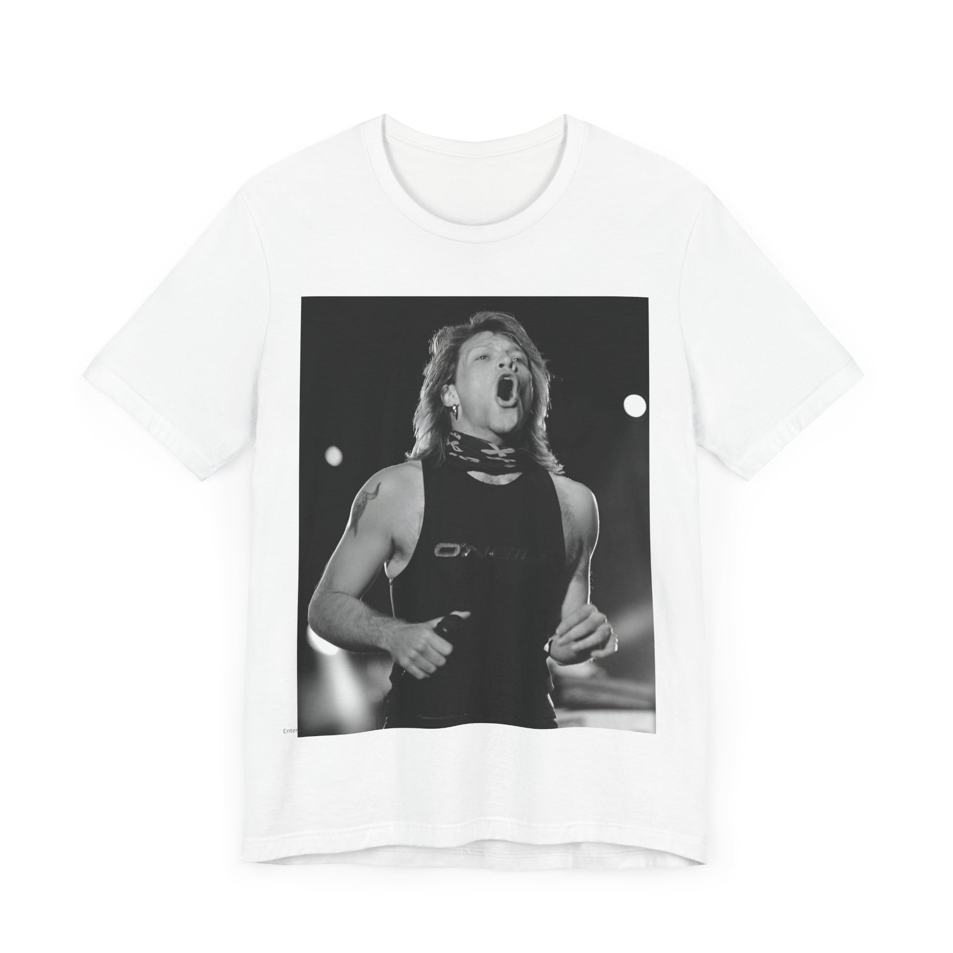 A black graphic t-shirt featuring a black and white iconic graphic or photo of Bon Jovi as superstars.