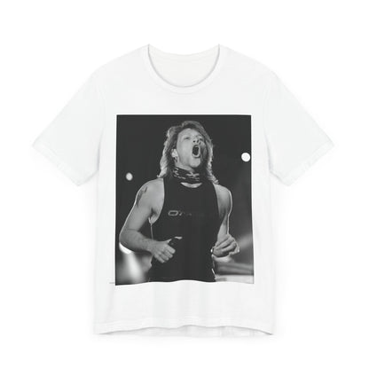 A black graphic t-shirt featuring a black and white iconic graphic or photo of Bon Jovi as superstars.