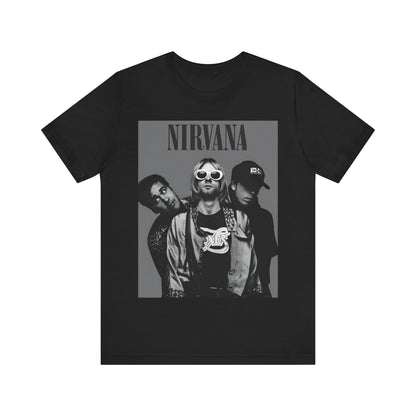 A black graphic t-shirt featuring a black and white, monochrome graphic or photo of Nirvana.