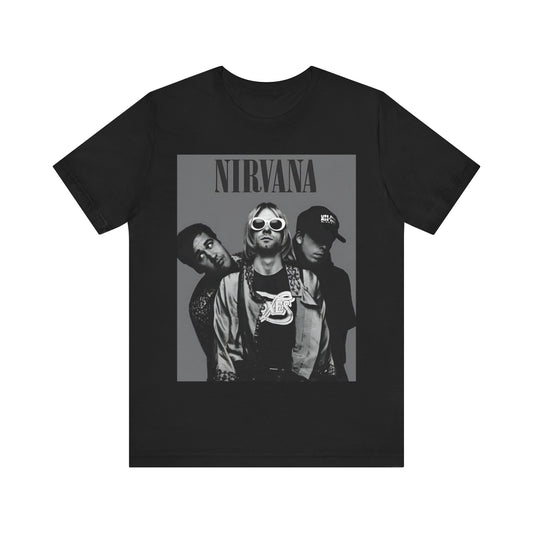 A black graphic t-shirt featuring a black and white, monochrome graphic or photo of Nirvana.
